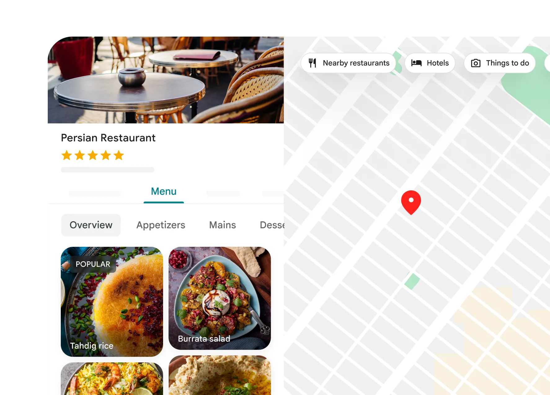 Productillustratie van Google met een bedrijfsprofiel van een restaurant en de locatie op Google