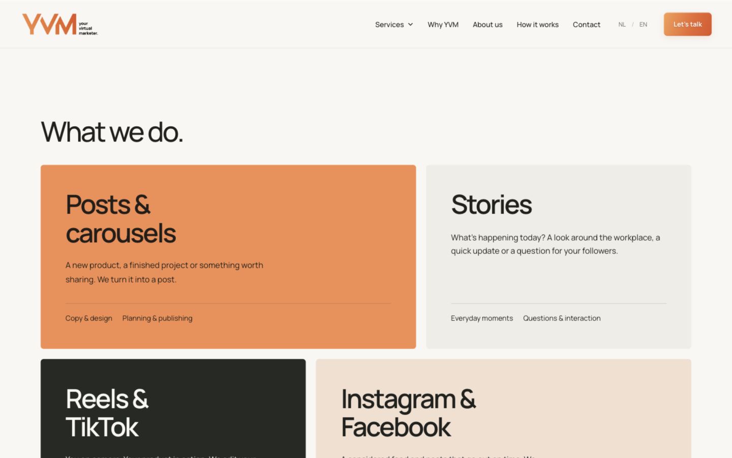 The YVM social media page with bold typography and colourful service panels