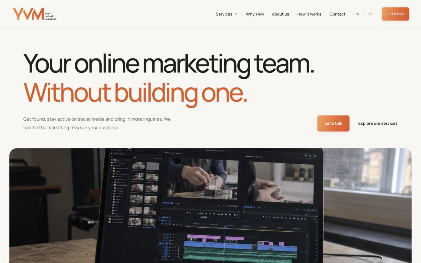 The YVM homepage with large typography and a behind-the-scenes image