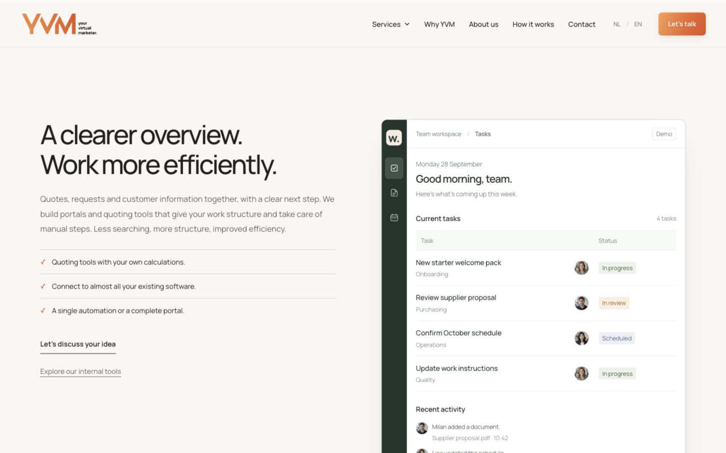 The YVM portal page with an interactive team workspace example