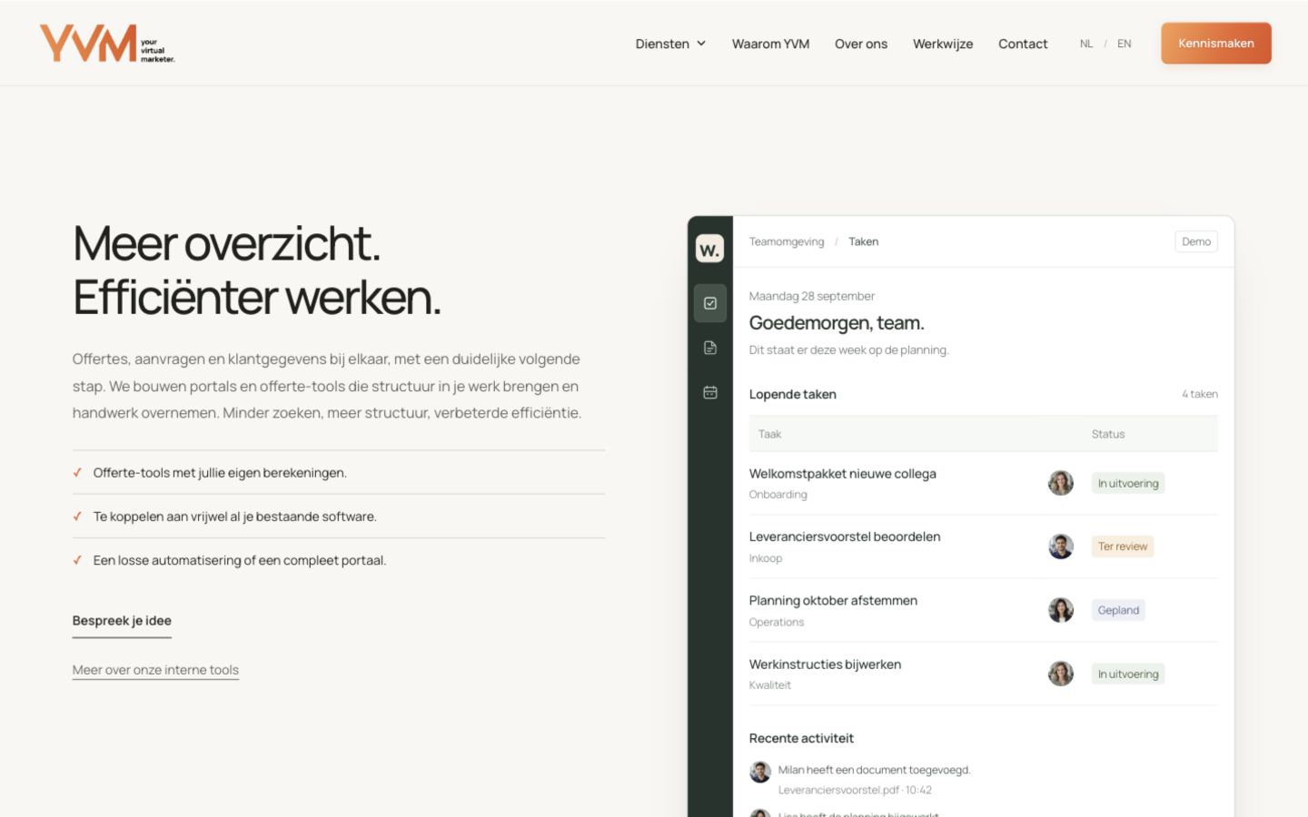 De YVM-portalpagina met een interactief voorbeeld van een teamomgeving