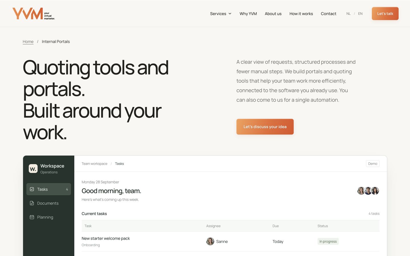 The YVM internal portals and quoting tools page showing an example workspace