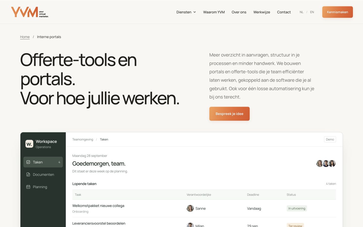 De YVM-pagina voor interne portals en offerte-tools met een voorbeeld van de werkomgeving